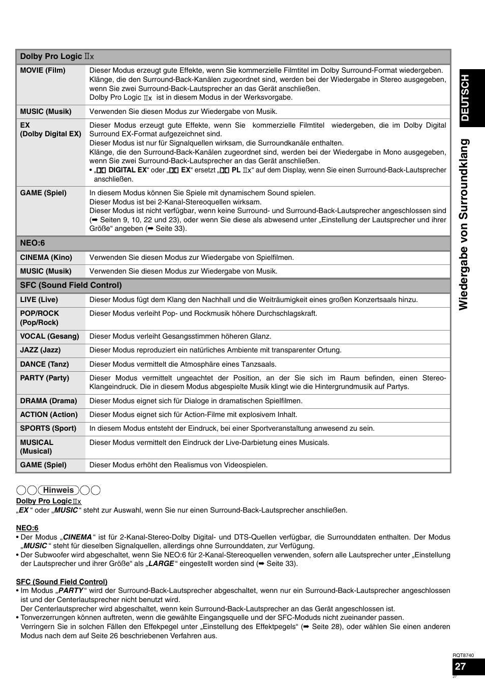 Wiedergabe von surroundklang, Deutsch | Panasonic SAXR700 User Manual | Page 27 / 144