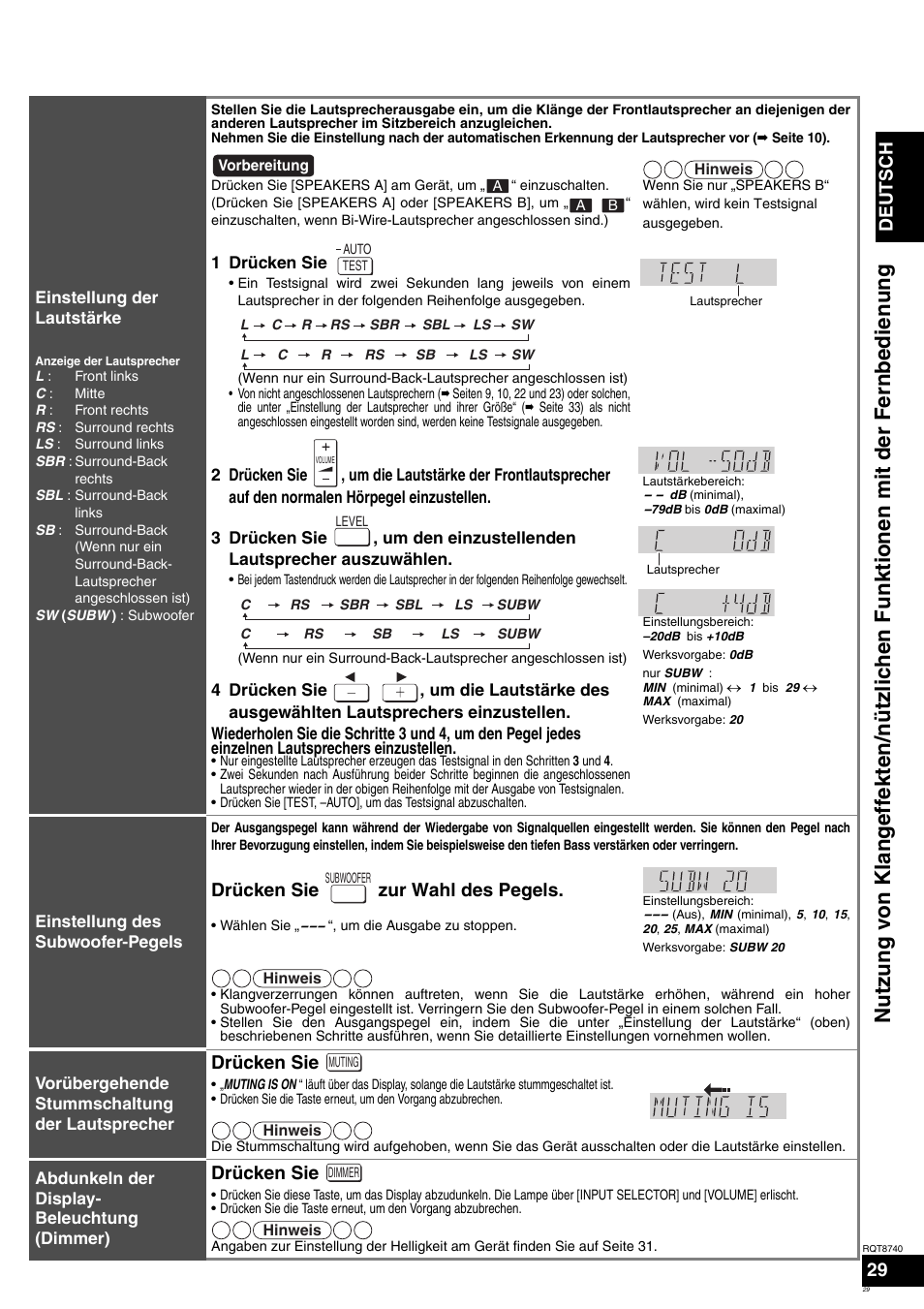 Deutsch, Drücken sie zur wahl des pegels, Drücken sie | Panasonic SAXR700 User Manual | Page 29 / 144