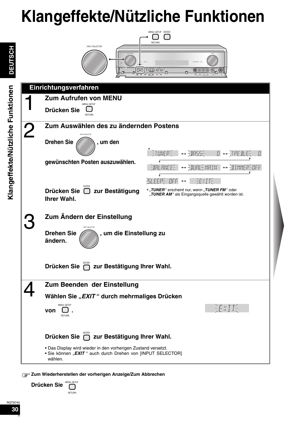 Klangeffekte/nützliche funktionen, Einrichtungsverfahren, Zum aufrufen von menu | Zum auswählen des zu ändernden postens, Zum ändern der einstellung, Zum beenden der einstellung, Deutsch, Drücken sie | Panasonic SAXR700 User Manual | Page 30 / 144