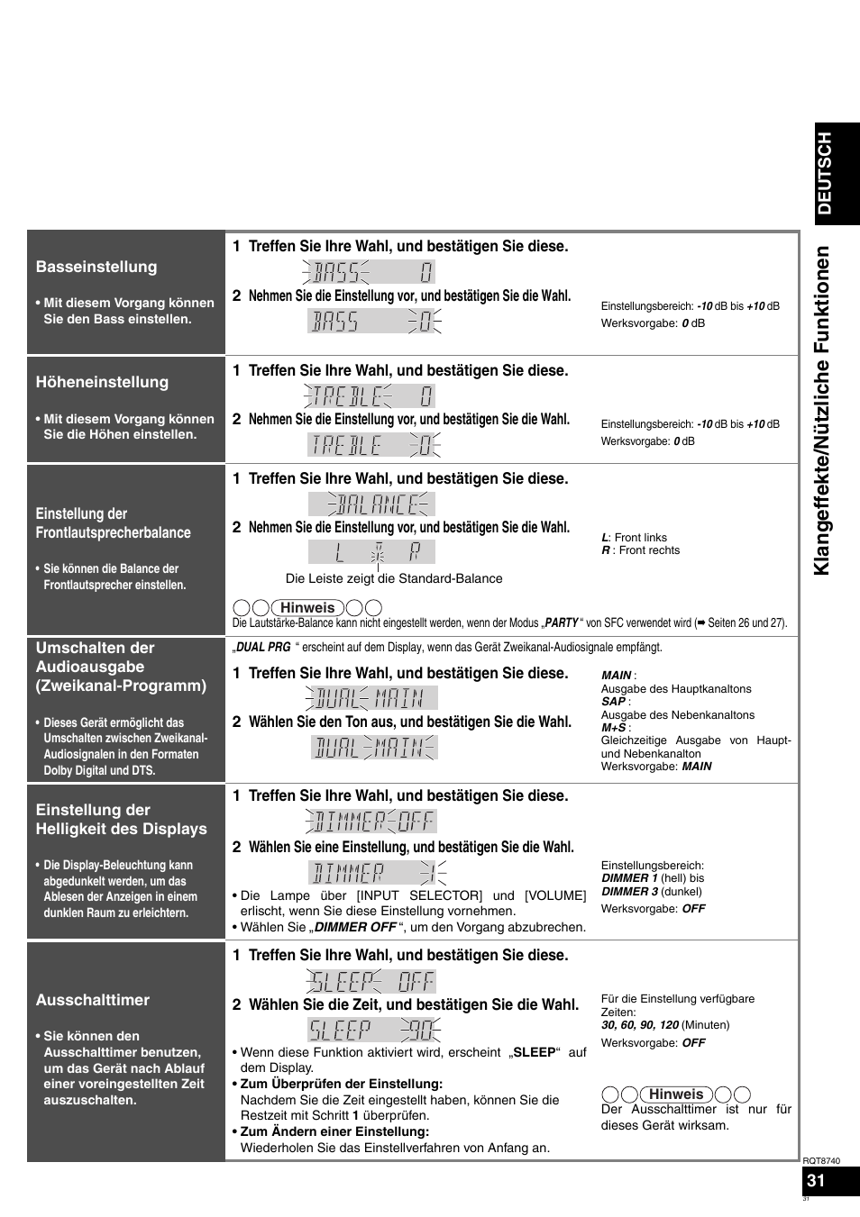 Klangeffekte/nützliche funktionen, Deutsch | Panasonic SAXR700 User Manual | Page 31 / 144