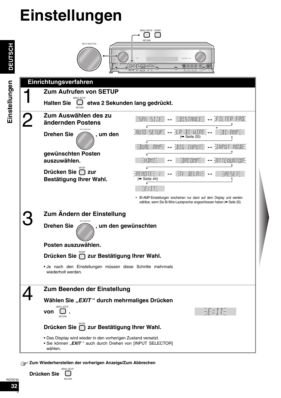 Einstellungen, Einrichtungsverfahren, Zum aufrufen von setup | Zum auswählen des zu ändernden postens, Zum ändern der einstellung, Zum beenden der einstellung, Deutsch, Halten sie etwa 2 sekunden lang gedrückt, Drücken sie | Panasonic SAXR700 User Manual | Page 32 / 144