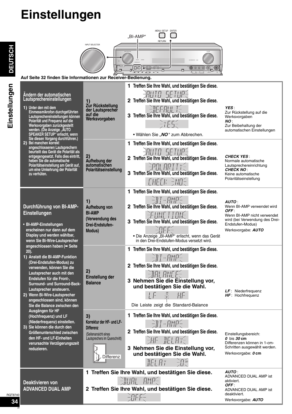 Einstellungen, Deutsch, Ändern der automatischen lautsprechereinstellungen | Durchführung von bi-amp- einstellungen | Panasonic SAXR700 User Manual | Page 34 / 144