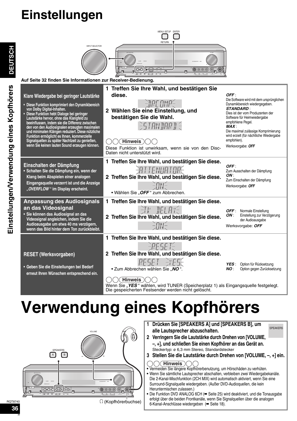Verwendung eines kopfhörers, Einstellungen, Einstellungen/verwendung eines kopfhörers | Deutsch, Klare wiedergabe bei geringer lautstärke, Einschalten der dämpfung, Anpassung des audiosignals an das videosignal, Reset (werksvorgaben), Hinweis | Panasonic SAXR700 User Manual | Page 36 / 144