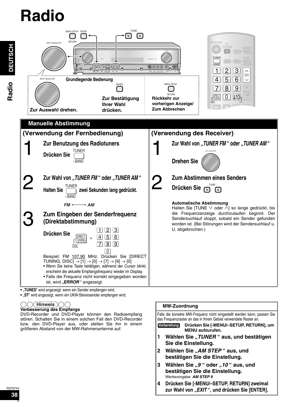 Radio, Zur benutzung des radiotuners, Zur wahl von „ tuner fm “ oder „ tuner am | Zum abstimmen eines senders drücken sie, Zum eingeben der senderfrequenz (direktabstimmung), Deutsch, Manuelle abstimmung, Drücken sie, Halten sie zwei sekunden lang gedrückt | Panasonic SAXR700 User Manual | Page 38 / 144