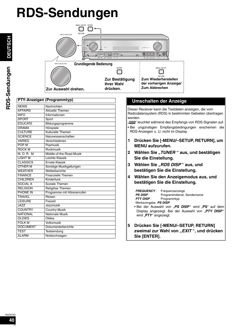 Rds-sendungen, Rds-sendunge n, Deutsch | Umschalten der anzeige, Zur auswahl drehen. pty-anzeigen (programmtyp) | Panasonic SAXR700 User Manual | Page 40 / 144