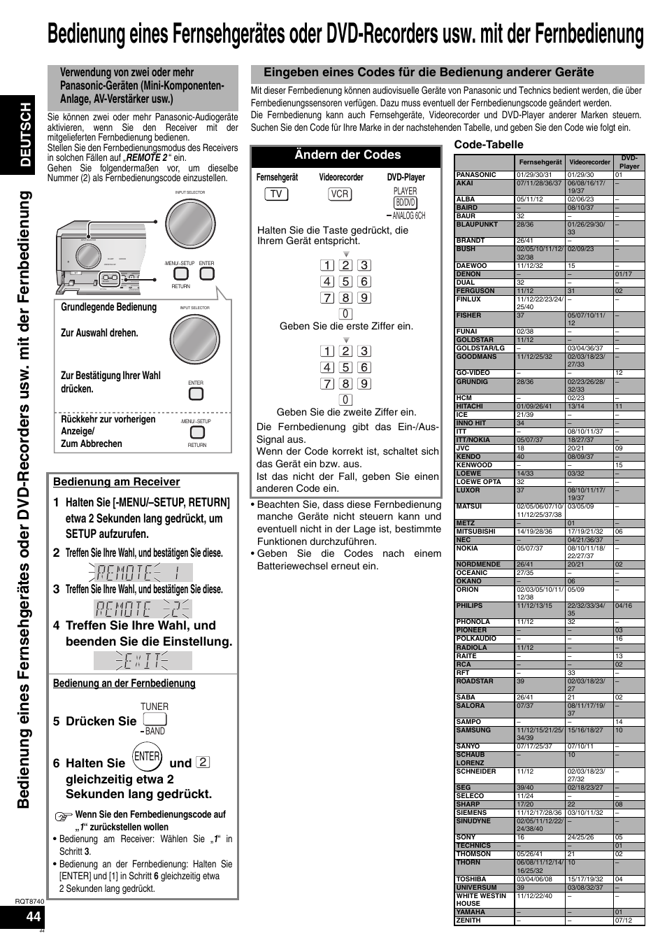 Deutsch, Enter, Ändern der codes | Bedienung am receiver, Bedienung an der fernbedienung, Code-tabelle, Surround speakers enter, Menu, Setup auto detector | Panasonic SAXR700 User Manual | Page 44 / 144