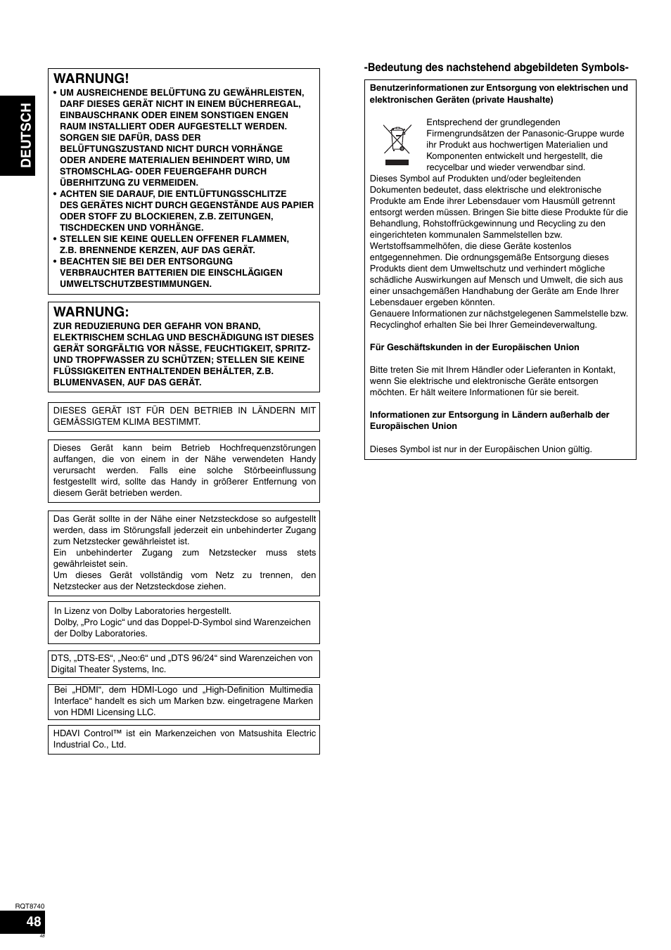 Deutsch, Warnung | Panasonic SAXR700 User Manual | Page 48 / 144