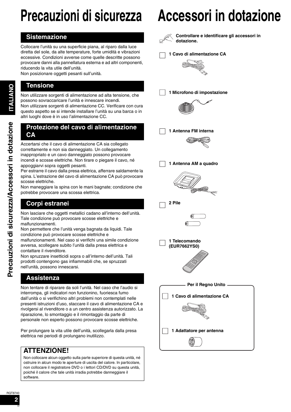 Precauzioni di sicurezza, Accessori in dotazione, Attenzione | Precauzioni di si curezza/ acc essori in dotazione | Panasonic SAXR700 User Manual | Page 50 / 144