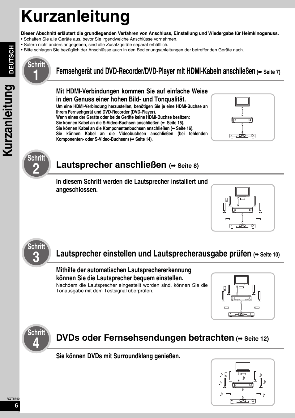 Kurzanleitung, Ku rzanleitung, Lautsprecher anschließen | Dvds oder fernsehsendungen betrachten, Schritt | Panasonic SAXR700 User Manual | Page 6 / 144