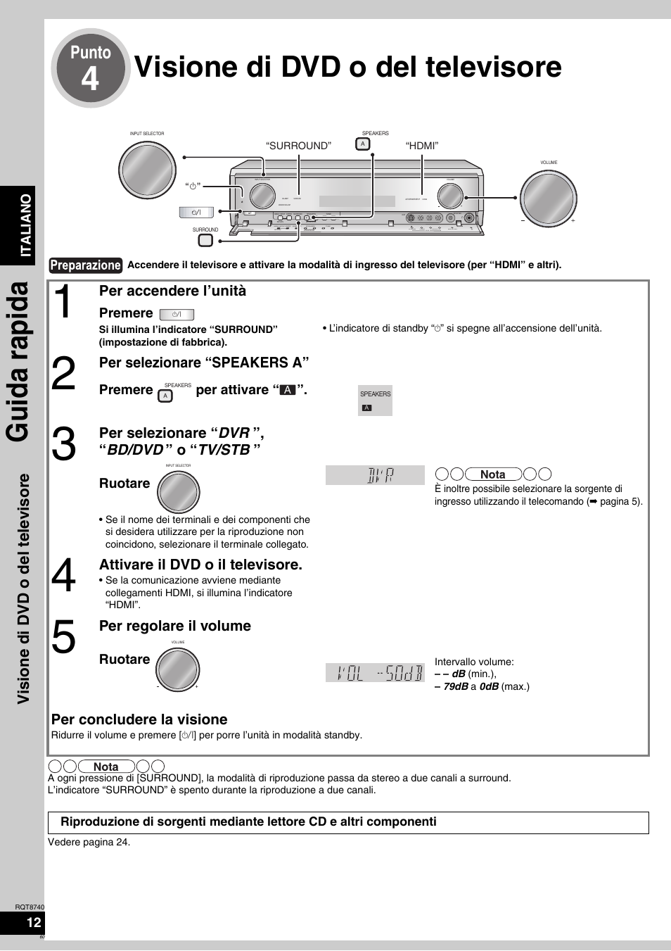 Visione di dvd o del televisore, Guida rapida, Punto | Vis ione di dvd o del tel evis o re, Per accendere l’unità, Per selezionare “speakers a, Per selezionare “ dvr ”, “ bd/dvd ” o “ tv/stb, Attivare il dvd o il televisore, Per regolare il volume, Per concludere la visione | Panasonic SAXR700 User Manual | Page 60 / 144