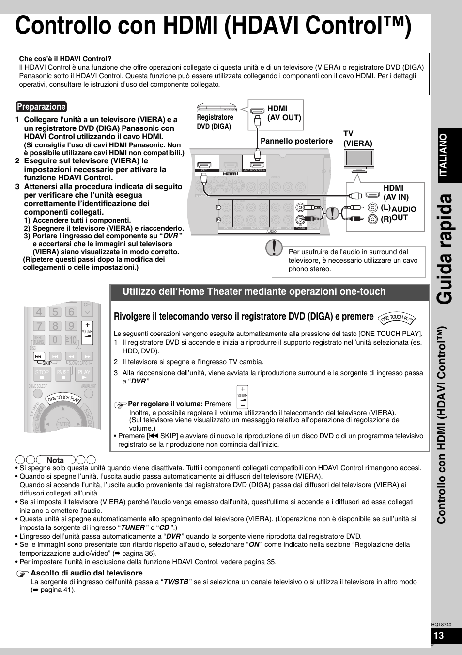Controllo con hdmi (hdavi control™), Guida rapida, Controllo con hdmi (hdavi cont rol™) | Ita l ia no 13, Ascolto di audio dal televisore | Panasonic SAXR700 User Manual | Page 61 / 144