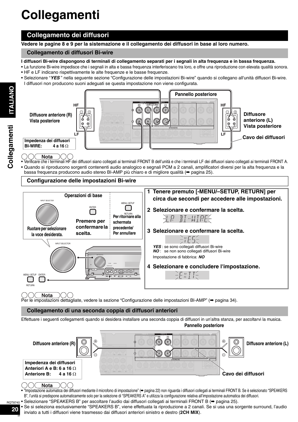 Collegamenti, Collegamento dei diffusori, Ita l ia no 20 | Cavo dei diffusori, Operazioni di base, Impedenza dei diffusori bi-wire: 4 a 16 ω, Surround speakers enter, Menu, Setup auto detector, Tune | Panasonic SAXR700 User Manual | Page 68 / 144