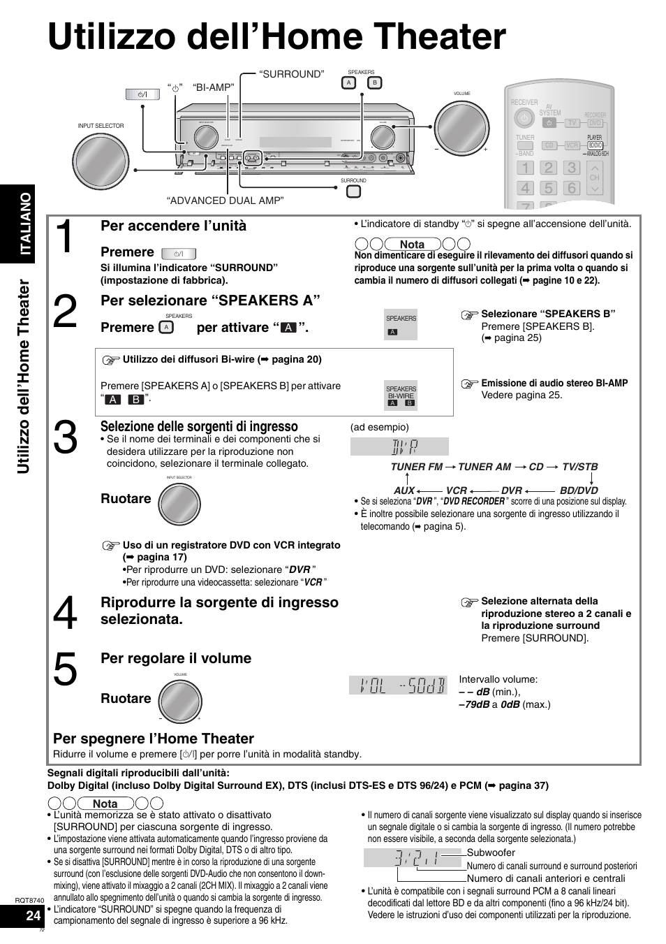 Utilizzo dell’home theater, Per accendere l’unità, Per selezionare “speakers a | Selezione delle sorgenti di ingresso, Riprodurre la sorgente di ingresso selezionata, Per regolare il volume, Per spegnere l’home theater, Ita l ia no 24, Premere, Premere per attivare | Panasonic SAXR700 User Manual | Page 72 / 144