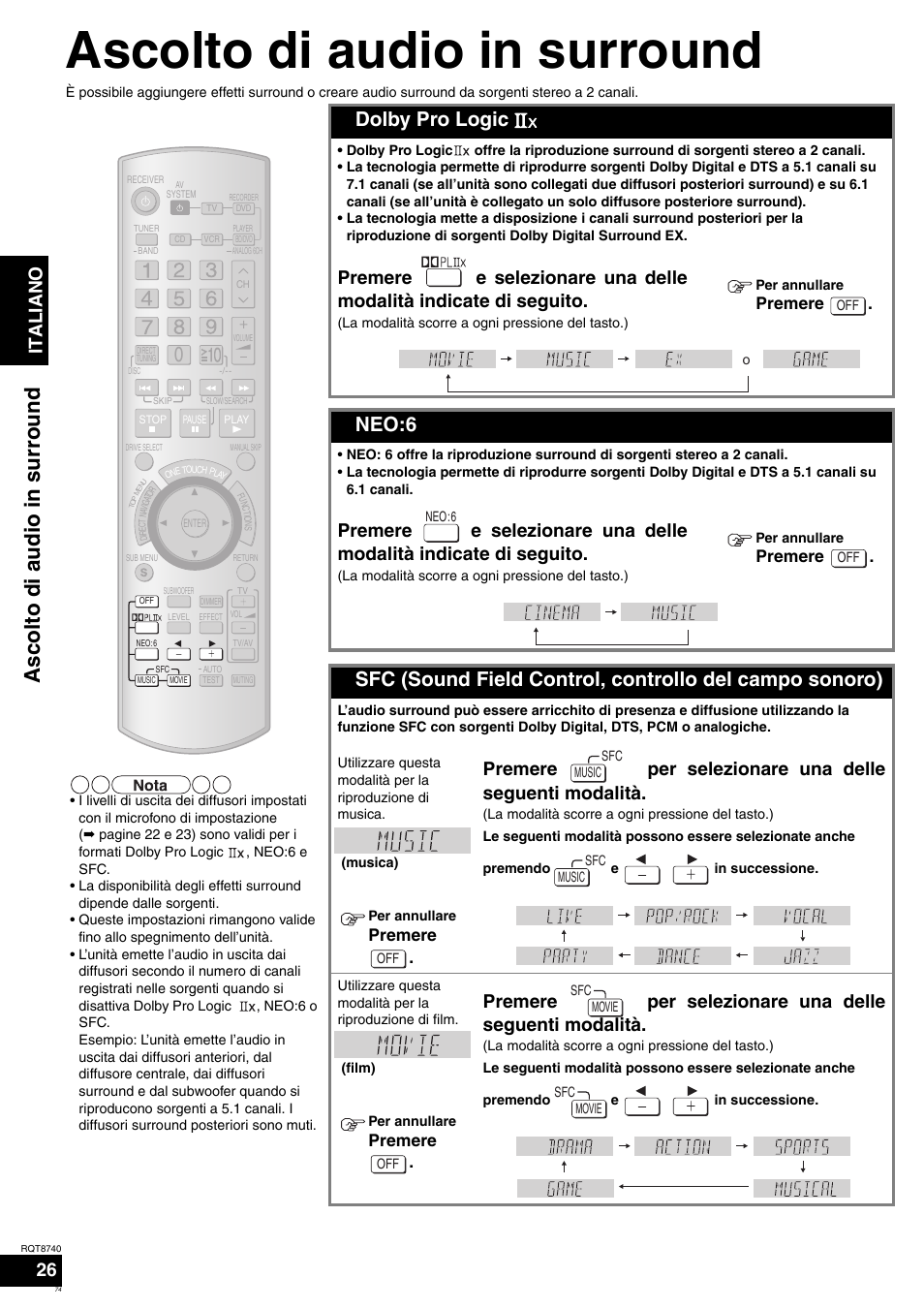 Ascolto di audio in surround, Dolby pro logic, Neo:6 | Ita l ia no 26, Premere | Panasonic SAXR700 User Manual | Page 74 / 144