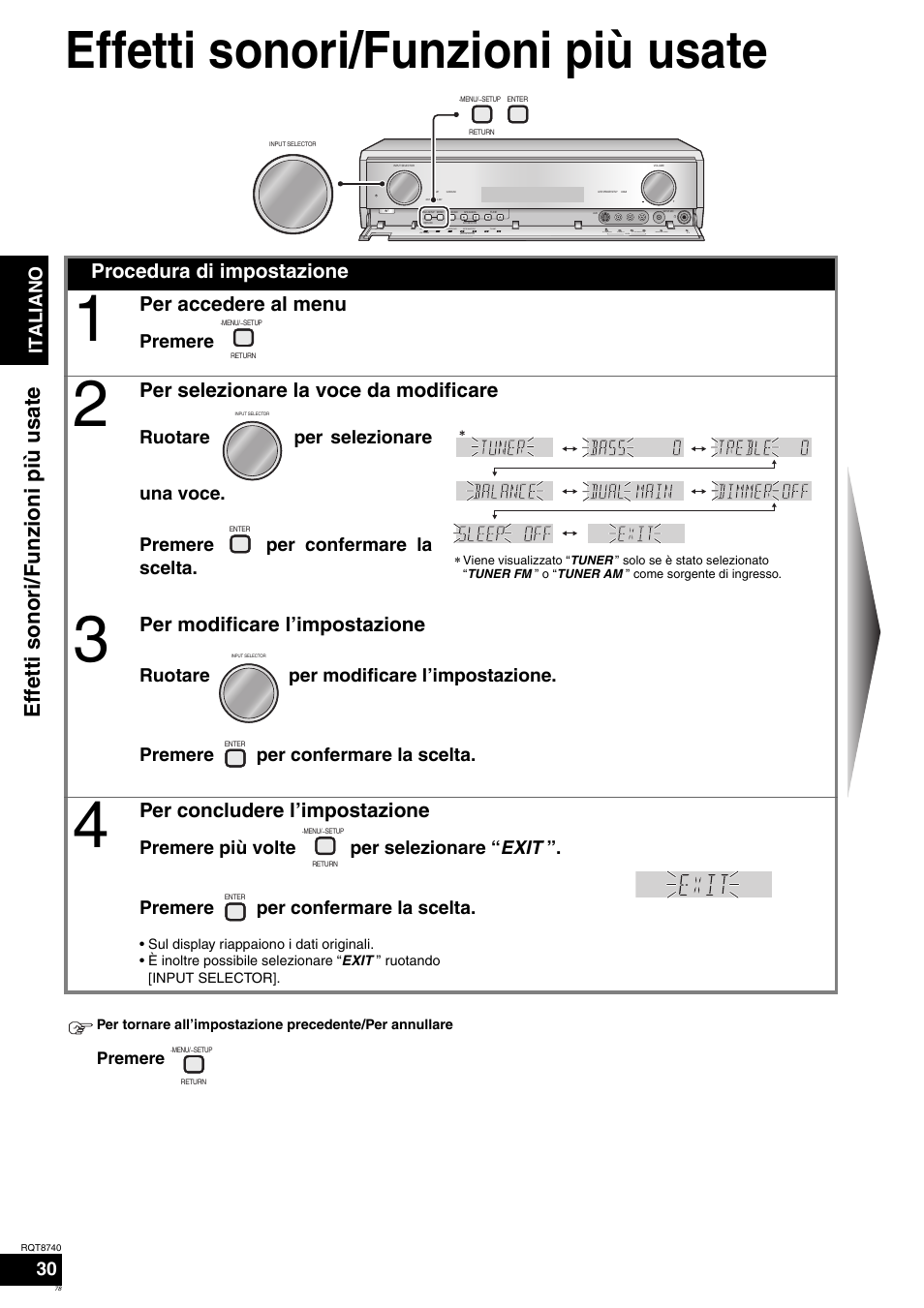 Effetti sonori/funzioni più usate, Eff ett i sonori/ f unzi oni pi ù usat e, Procedura di impostazione | Per accedere al menu, Per selezionare la voce da modificare, Per modificare l’impostazione, Per concludere l’impostazione, Ita l ia no 30, Premere | Panasonic SAXR700 User Manual | Page 78 / 144