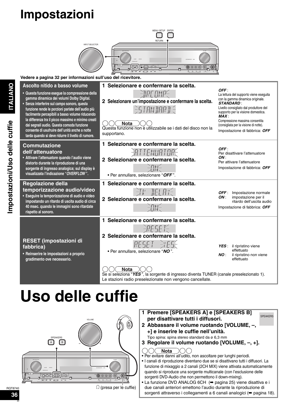 Uso delle cuffie, Impostazioni, Impostazioni/uso delle cuffie | Ita l ia no 36, Ascolto nitido a basso volume, Commutazione dell’attenuatore, Regolazione della temporizzazione audio/video, Reset (impostazioni di fabbrica), 3 regolare il volume ruotando [volume | Panasonic SAXR700 User Manual | Page 84 / 144