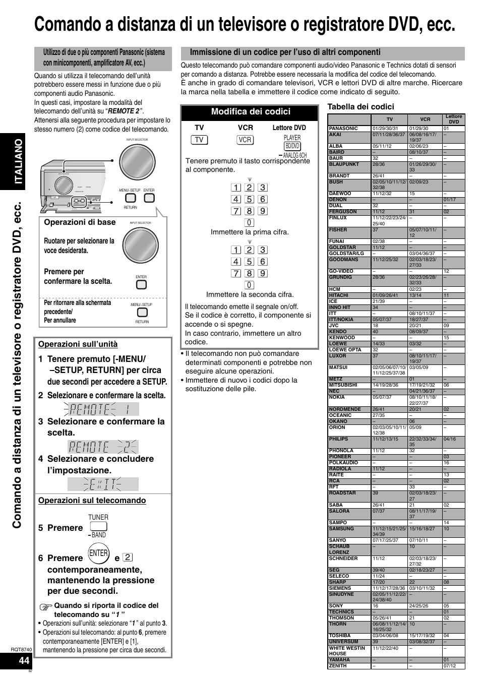 Ita l ia no 44, Enter, Modifica dei codici | Operazioni sull’unità, Operazioni sul telecomando, Tabella dei codici, Surround speakers enter, Menu, Setup auto detector | Panasonic SAXR700 User Manual | Page 92 / 144