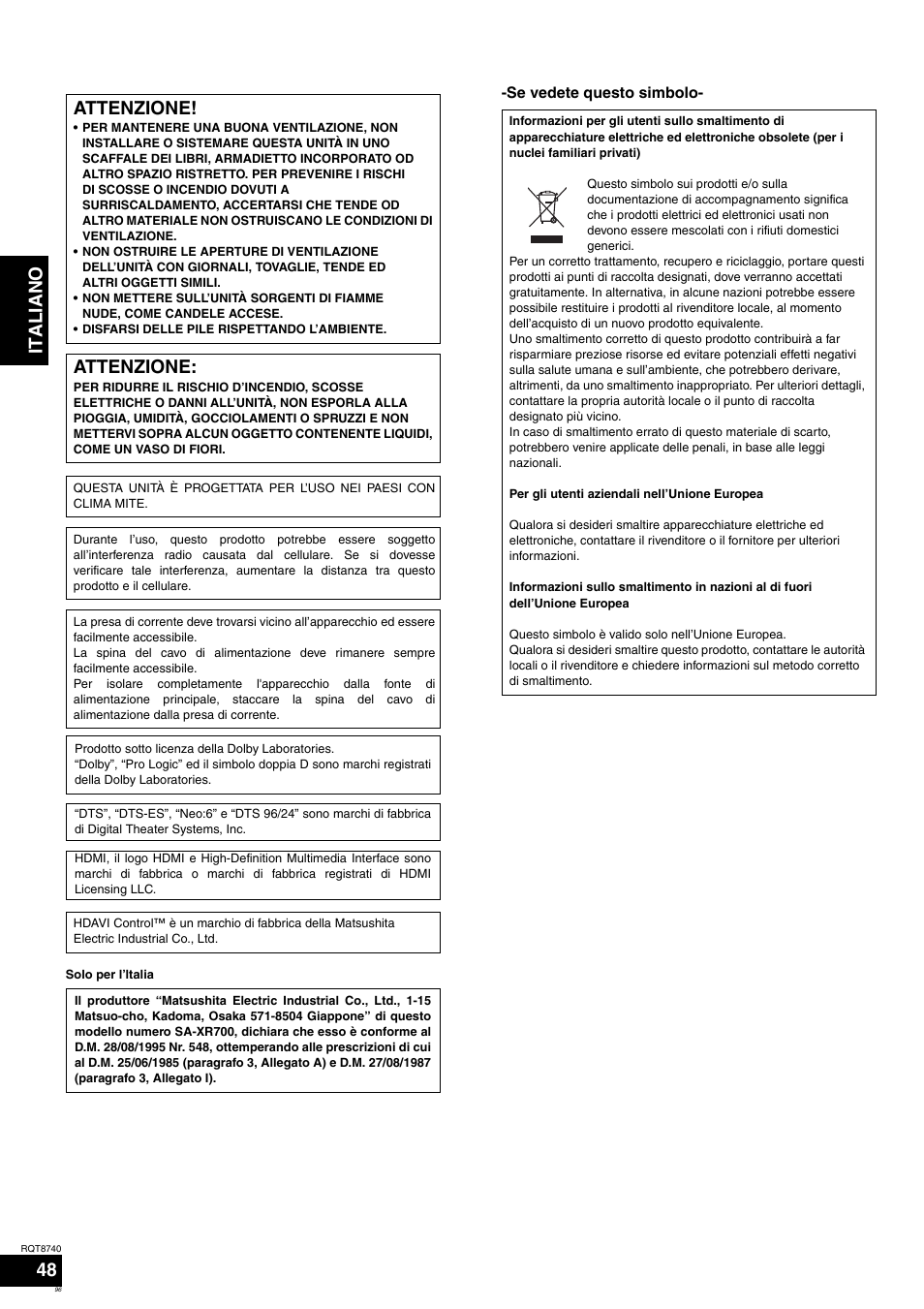 Ita l ia no 48, Attenzione | Panasonic SAXR700 User Manual | Page 96 / 144