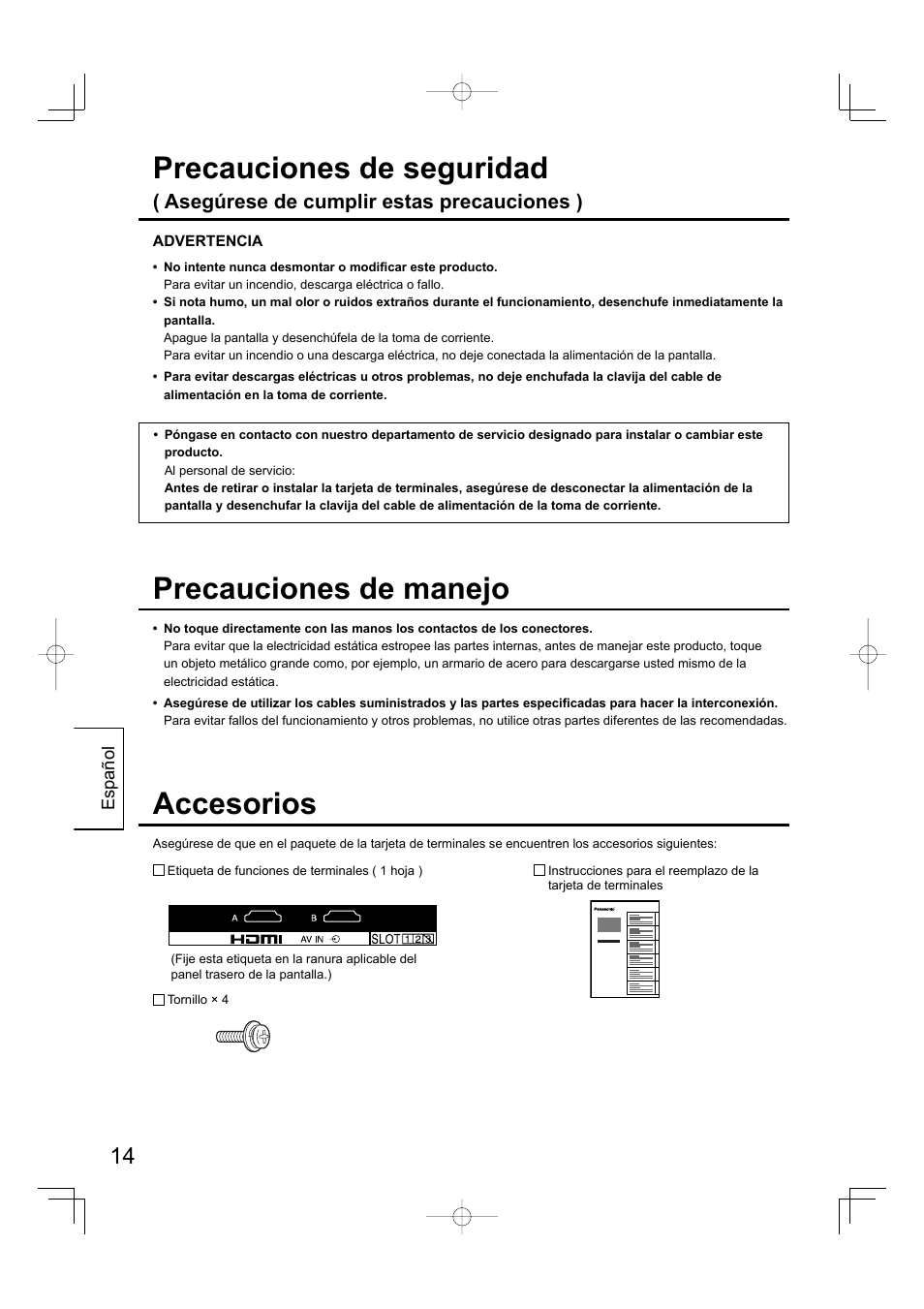 Accesorios, Precauciones de manejo, Precauciones de seguridad | Asegúrese de cumplir estas precauciones ) | Panasonic TYFB10HMD User Manual | Page 14 / 24