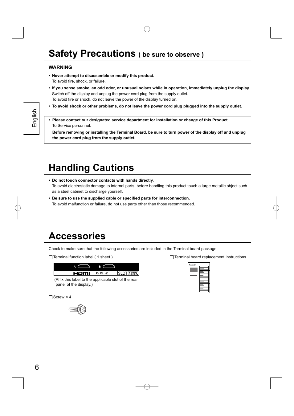 Safety precautions, Accessories, Handling cautions | Be sure to observe ) | Panasonic TYFB10HMD User Manual | Page 6 / 24