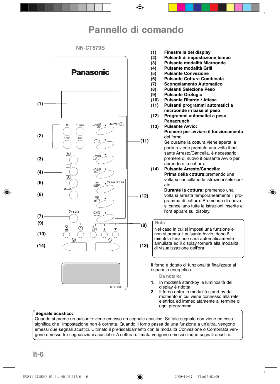 Pannello di comando, It-6 | Panasonic NNCT579SEPG User Manual | Page 102 / 217