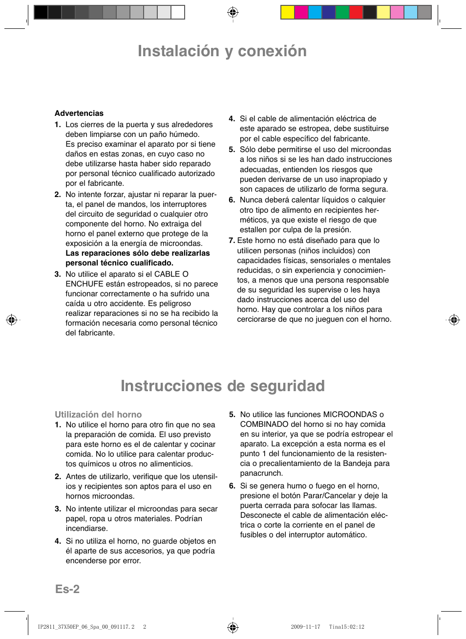 Instalación y conexión, Instrucciones de seguridad, Es-2 | Panasonic NNCT579SEPG User Manual | Page 122 / 217