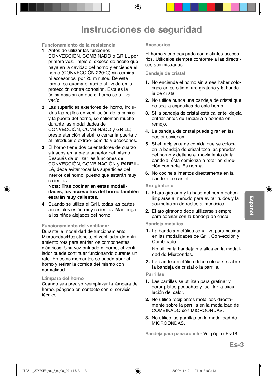 Instrucciones de seguridad, Es-3 | Panasonic NNCT579SEPG User Manual | Page 123 / 217