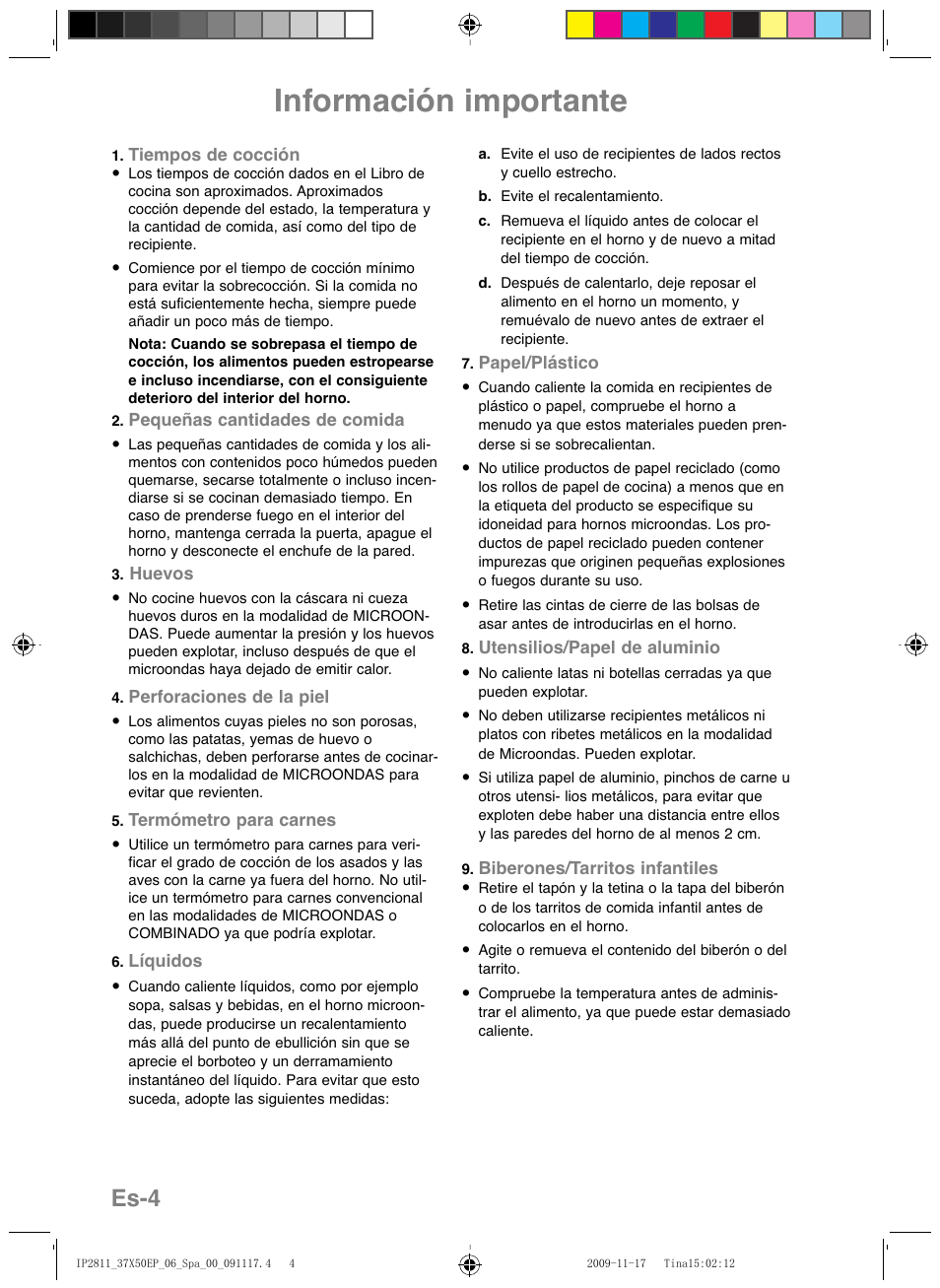 Información importante, Es-4 | Panasonic NNCT579SEPG User Manual | Page 124 / 217