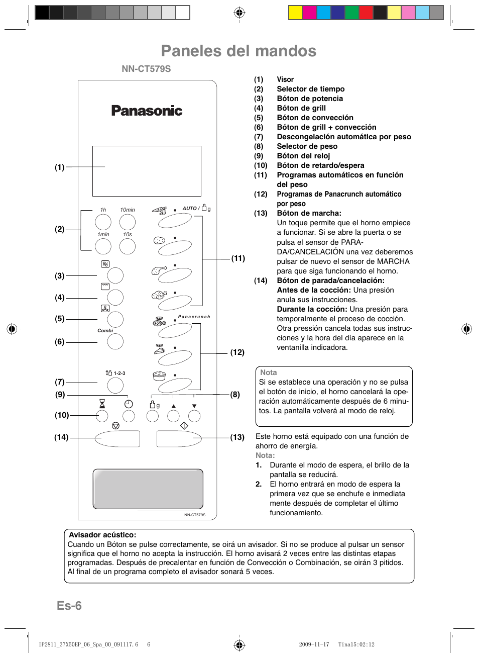 Paneles del mandos, Es-6 | Panasonic NNCT579SEPG User Manual | Page 126 / 217