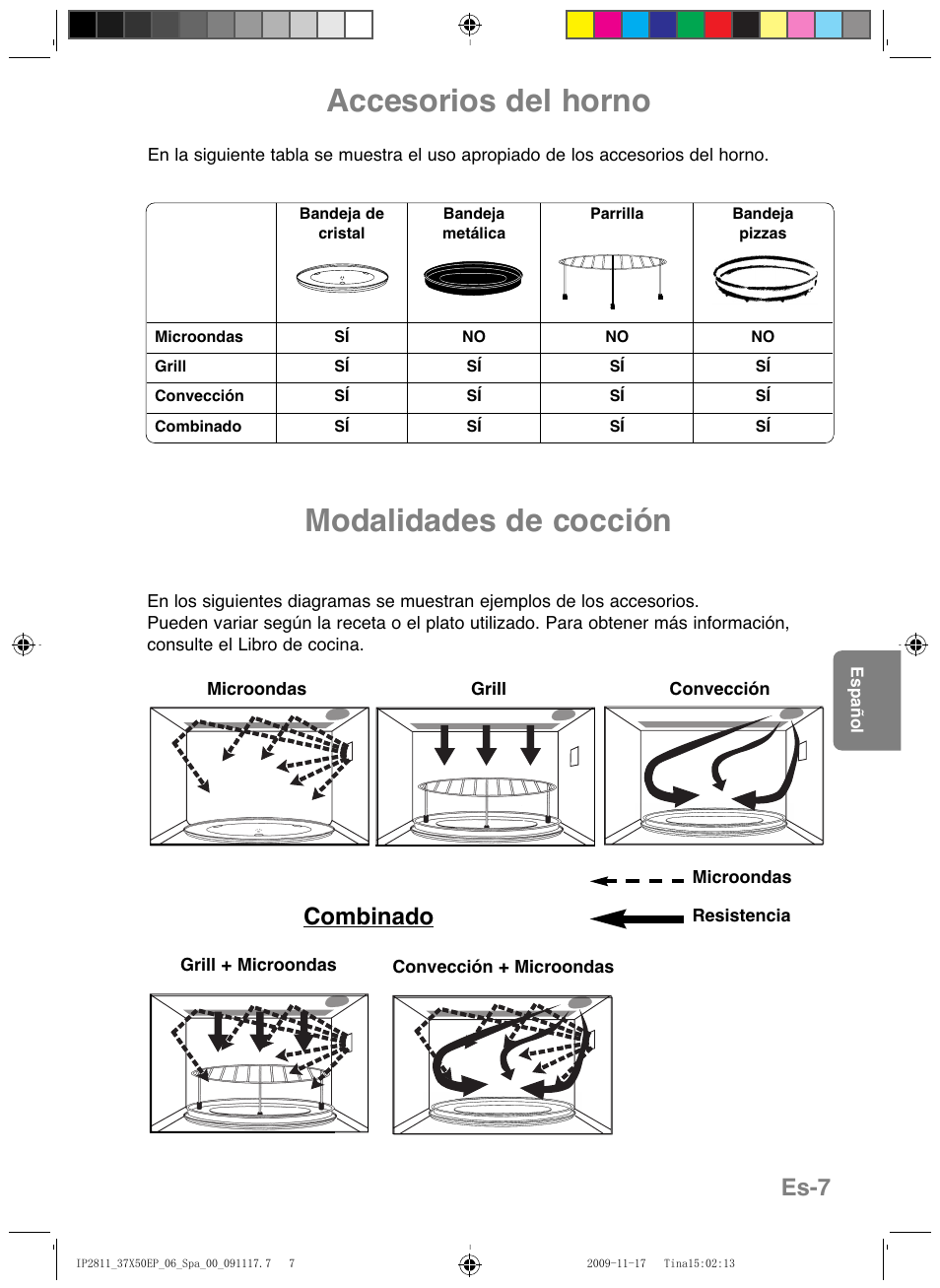 Accesorios del horno, Modalidades de cocción, Es-7 | Combinado | Panasonic NNCT579SEPG User Manual | Page 127 / 217