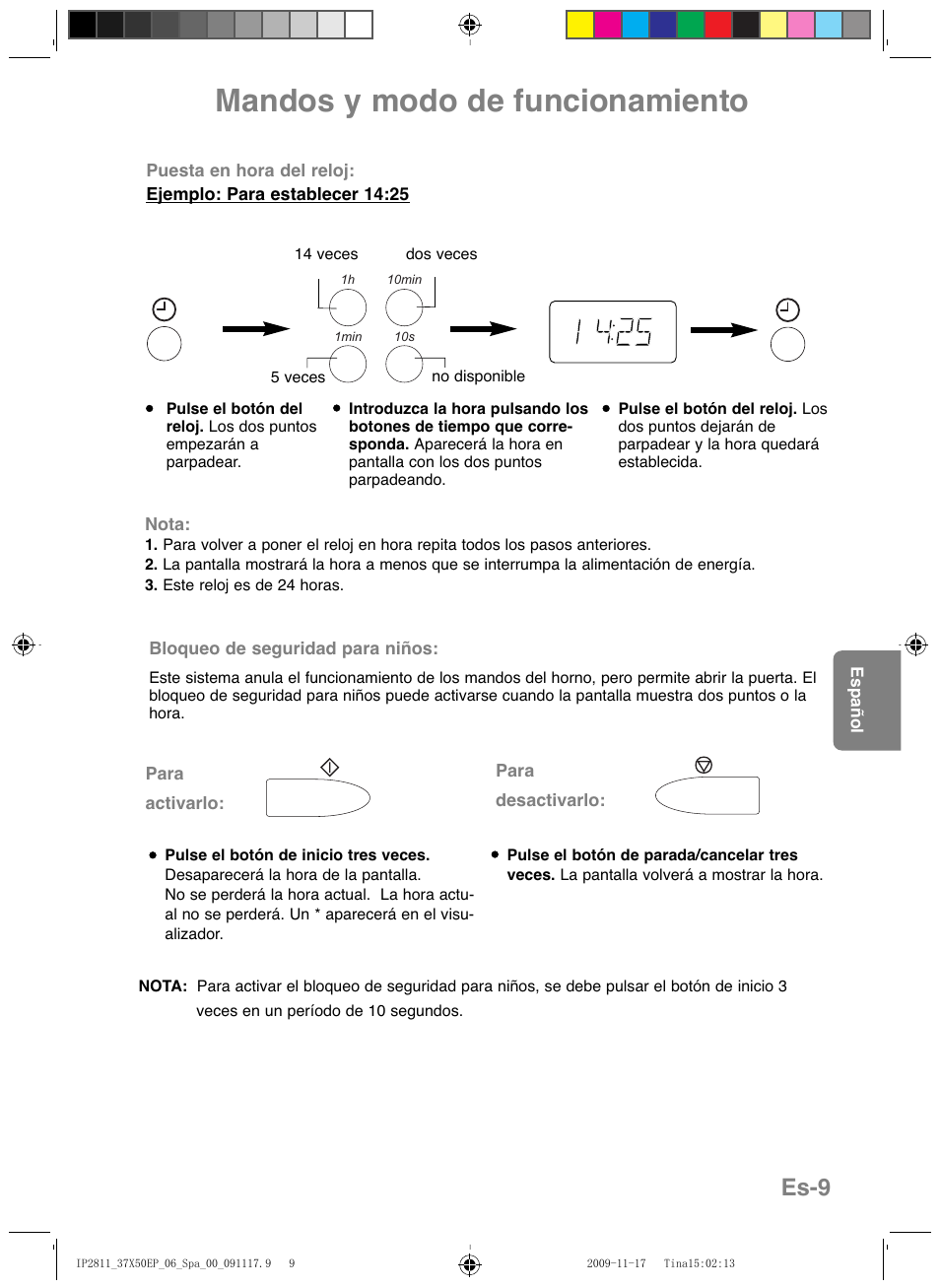 Mandos y modo de funcionamiento, Es-9 | Panasonic NNCT579SEPG User Manual | Page 129 / 217