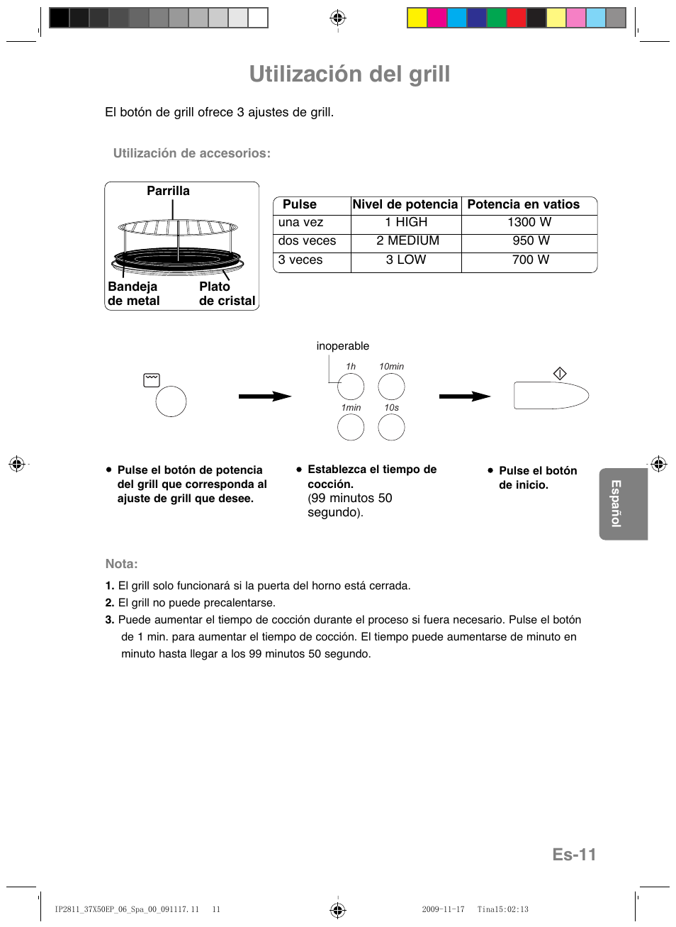 Utilización del grill, Es-11 | Panasonic NNCT579SEPG User Manual | Page 131 / 217