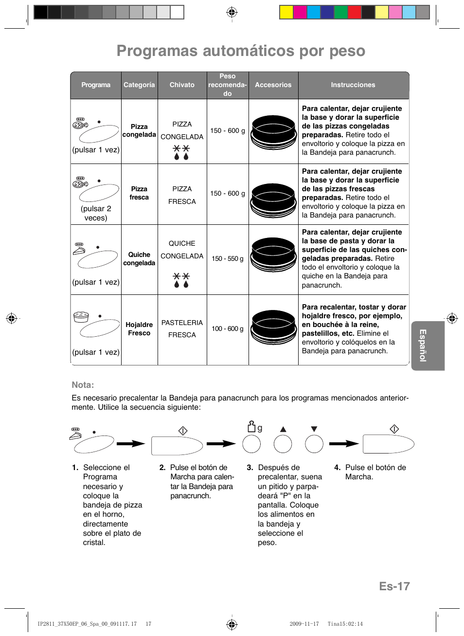 Programas automáticos por peso, Es-17 | Panasonic NNCT579SEPG User Manual | Page 137 / 217