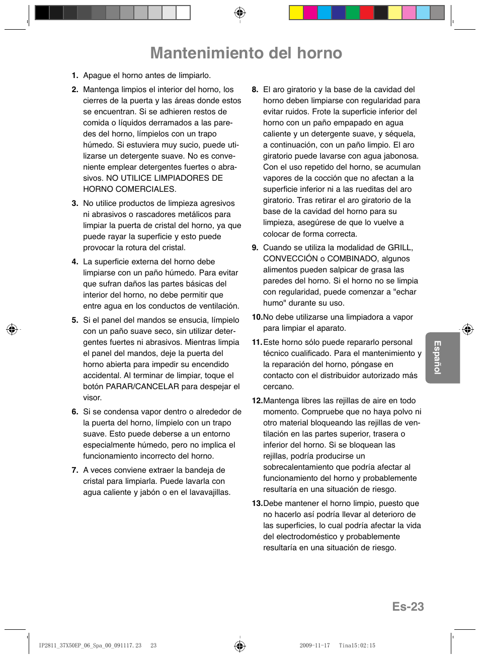 Mantenimiento del horno, Es-23 | Panasonic NNCT579SEPG User Manual | Page 143 / 217