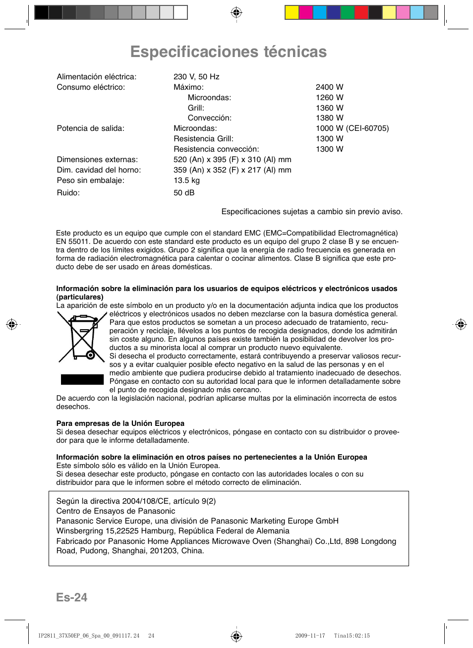 Especificaciones técnicas, Es-24 | Panasonic NNCT579SEPG User Manual | Page 144 / 217