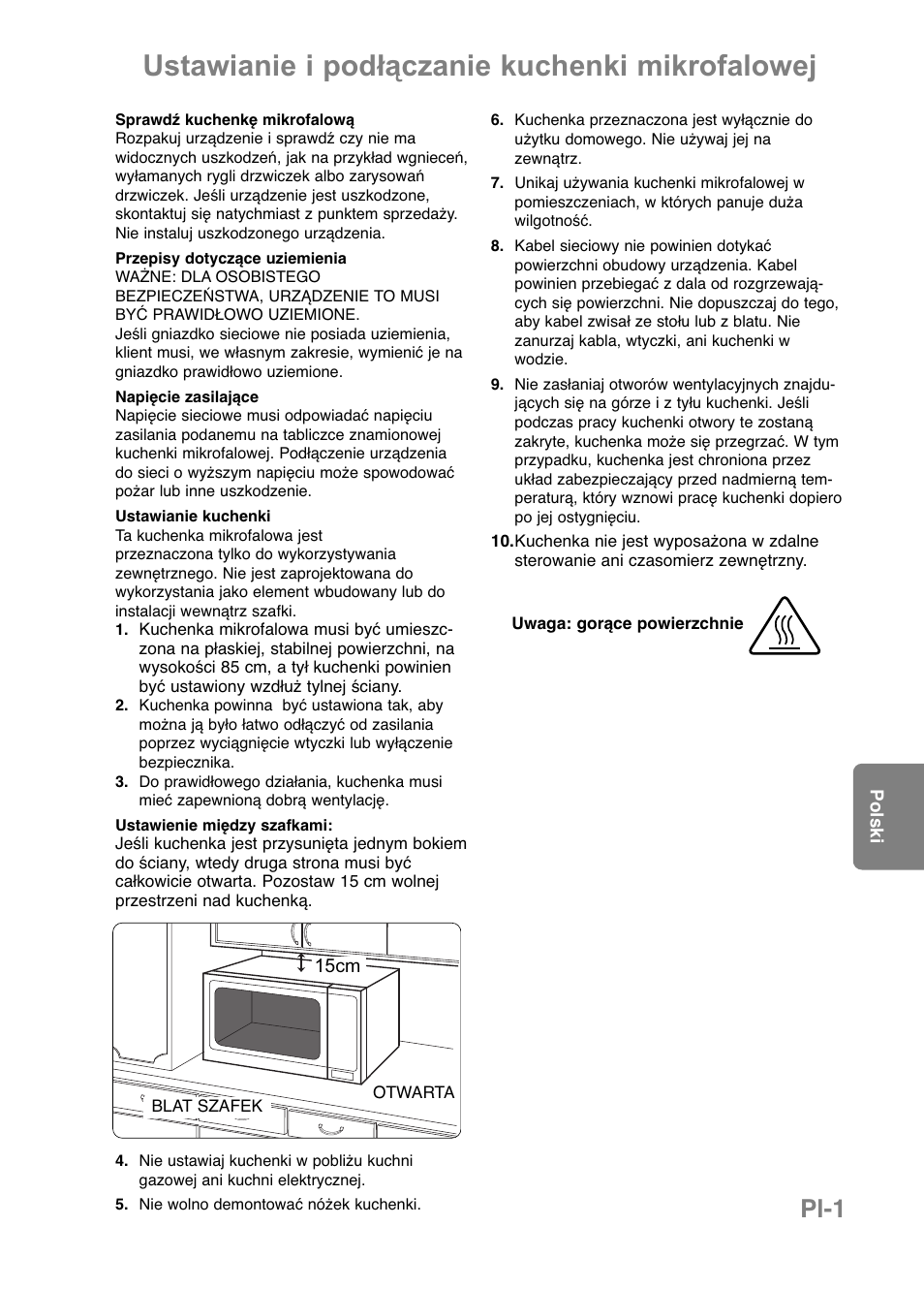 Ustawianie i podłączanie kuchenki mikrofalowej, Pl-1 | Panasonic NNCT579SEPG User Manual | Page 145 / 217