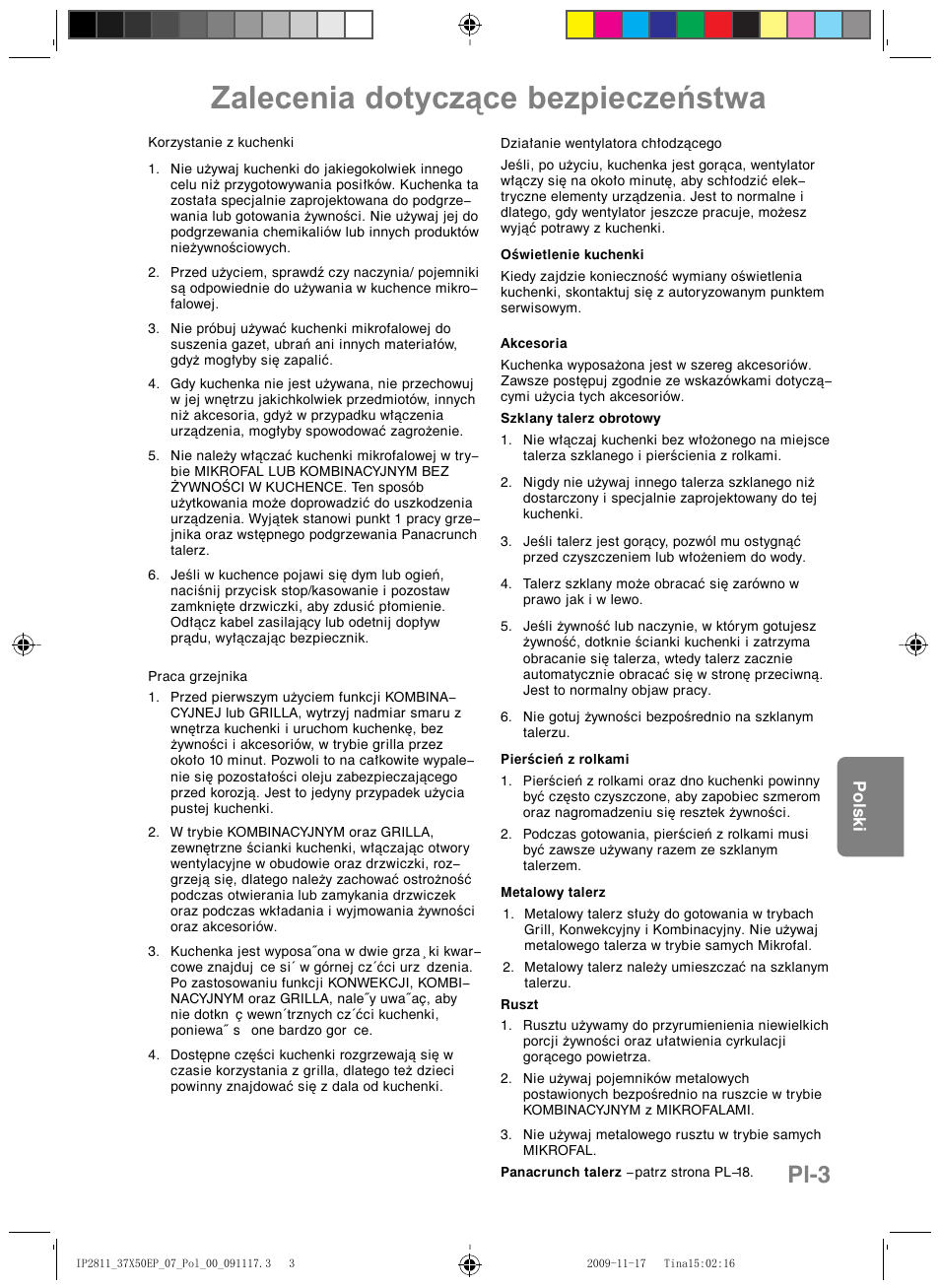 Zalecenia dotyczące bezpieczeństwa, Pl-3 | Panasonic NNCT579SEPG User Manual | Page 147 / 217