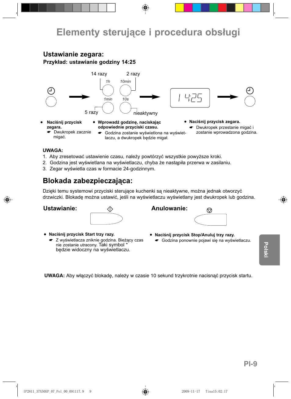 Elementy sterujące i procedura obsługi, Pl-9, Blokada zabezpieczająca | Ustawianie zegara, Ustawianie: anulowanie | Panasonic NNCT579SEPG User Manual | Page 153 / 217