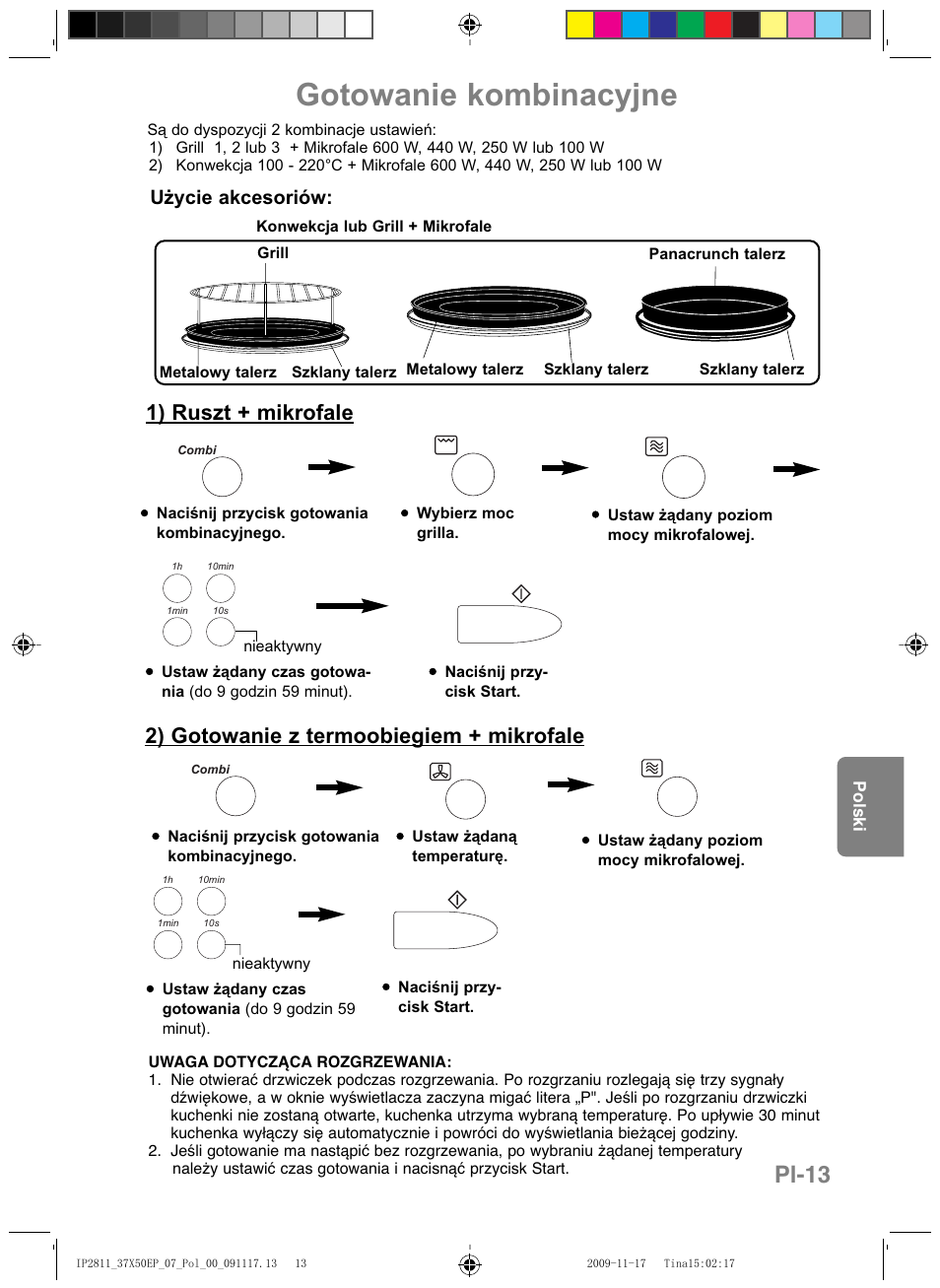 Gotowanie kombinacyjne, Pl-13, 1) ruszt + mikrofale | 2) gotowanie z termoobiegiem + mikrofale, Użycie akcesoriów | Panasonic NNCT579SEPG User Manual | Page 157 / 217