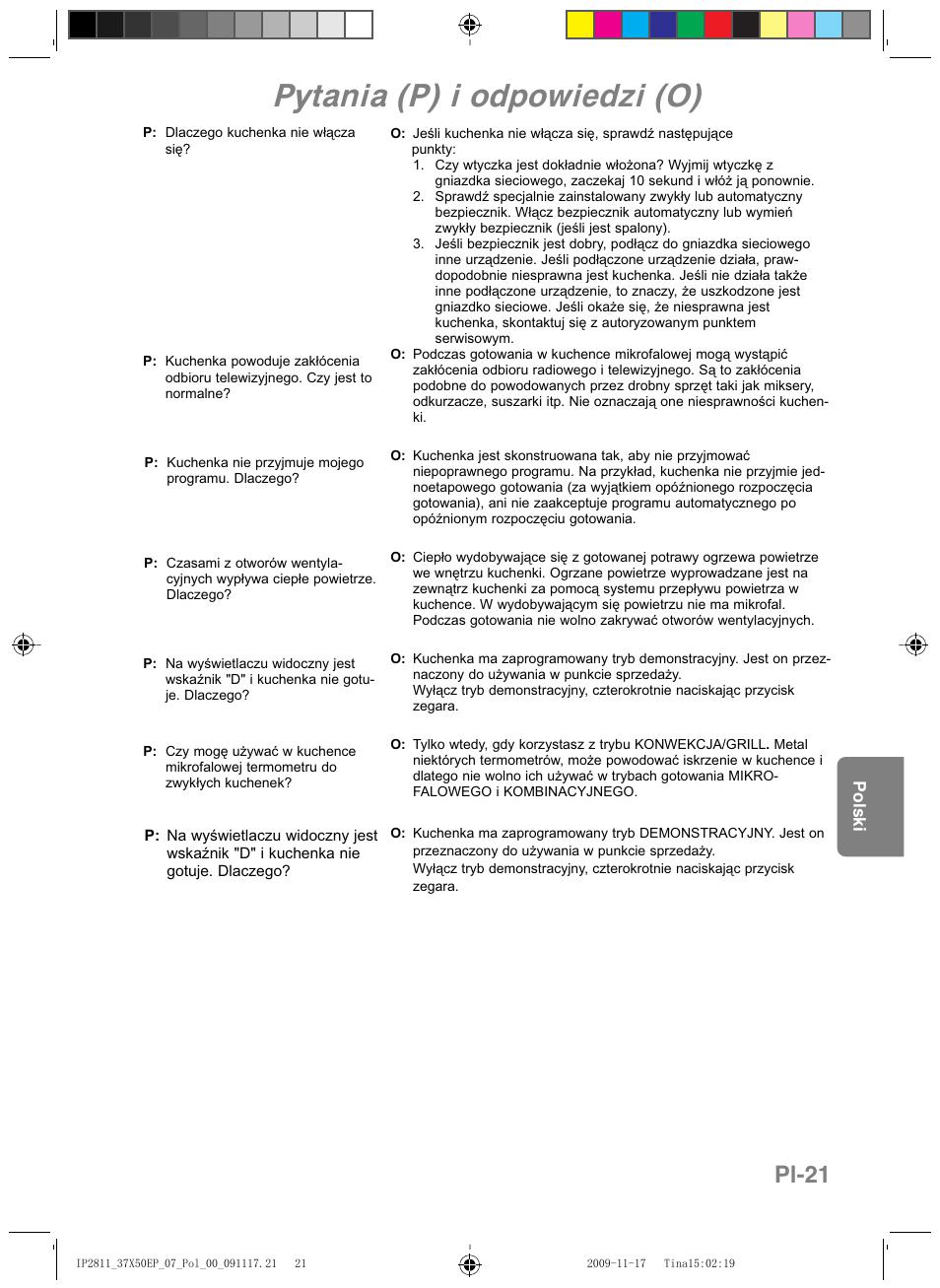 Pytania (p) i odpowiedzi (o), Pl-21 | Panasonic NNCT579SEPG User Manual | Page 165 / 217