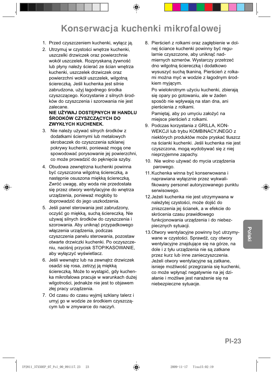 Konserwacja kuchenki mikrofalowej, Pl-23 | Panasonic NNCT579SEPG User Manual | Page 167 / 217