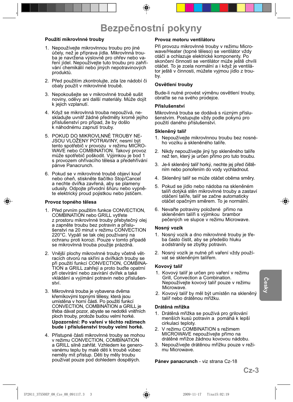 Bezpečnostní pokyny, Cz-3 | Panasonic NNCT579SEPG User Manual | Page 171 / 217