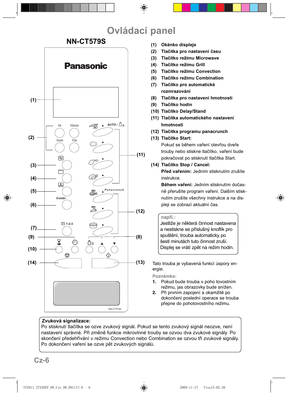 Ovládací panel, Cz-6, Nn-ct579s | Panasonic NNCT579SEPG User Manual | Page 174 / 217