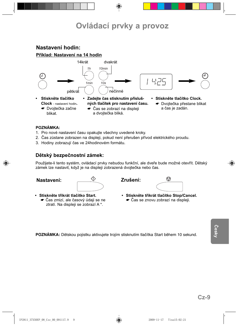 Ovládací prvky a provoz, Cz-9, Nastavení hodin | Dětský bezpečnostní zámek, Nastavení: zrušení | Panasonic NNCT579SEPG User Manual | Page 177 / 217