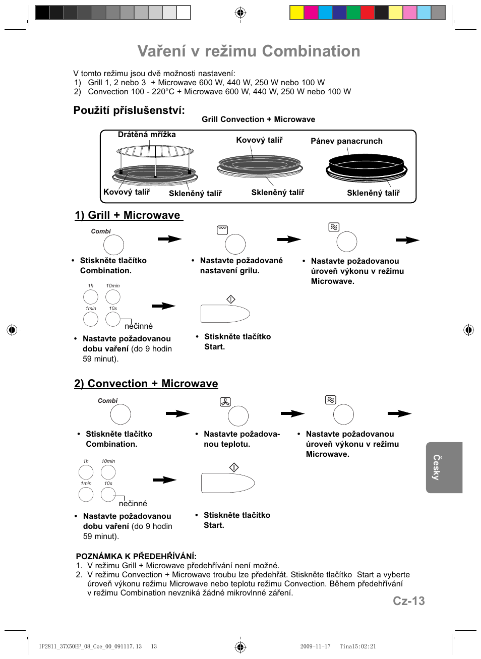 Vaření v režimu combination, Cz-13, 1) grill + microwave | 2) convection + microwave, Použití příslušenství | Panasonic NNCT579SEPG User Manual | Page 181 / 217
