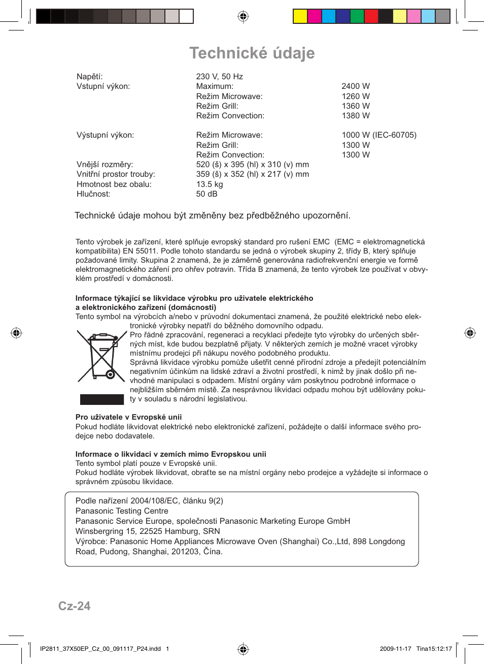 Technické údaje, Cz-24 | Panasonic NNCT579SEPG User Manual | Page 192 / 217