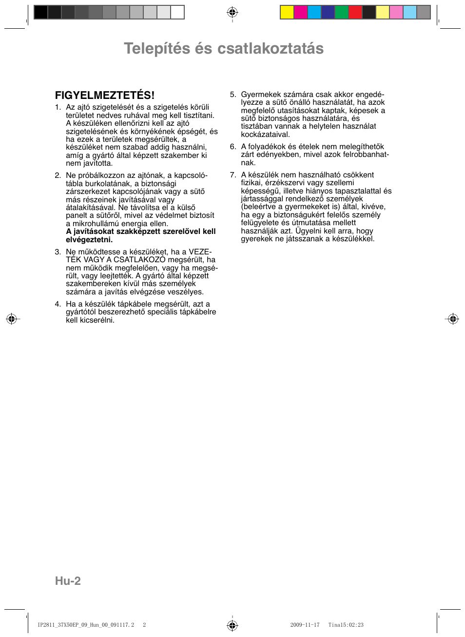 Telepítés és csatlakoztatás, Hu-2, Figyelmeztetés | Panasonic NNCT579SEPG User Manual | Page 194 / 217