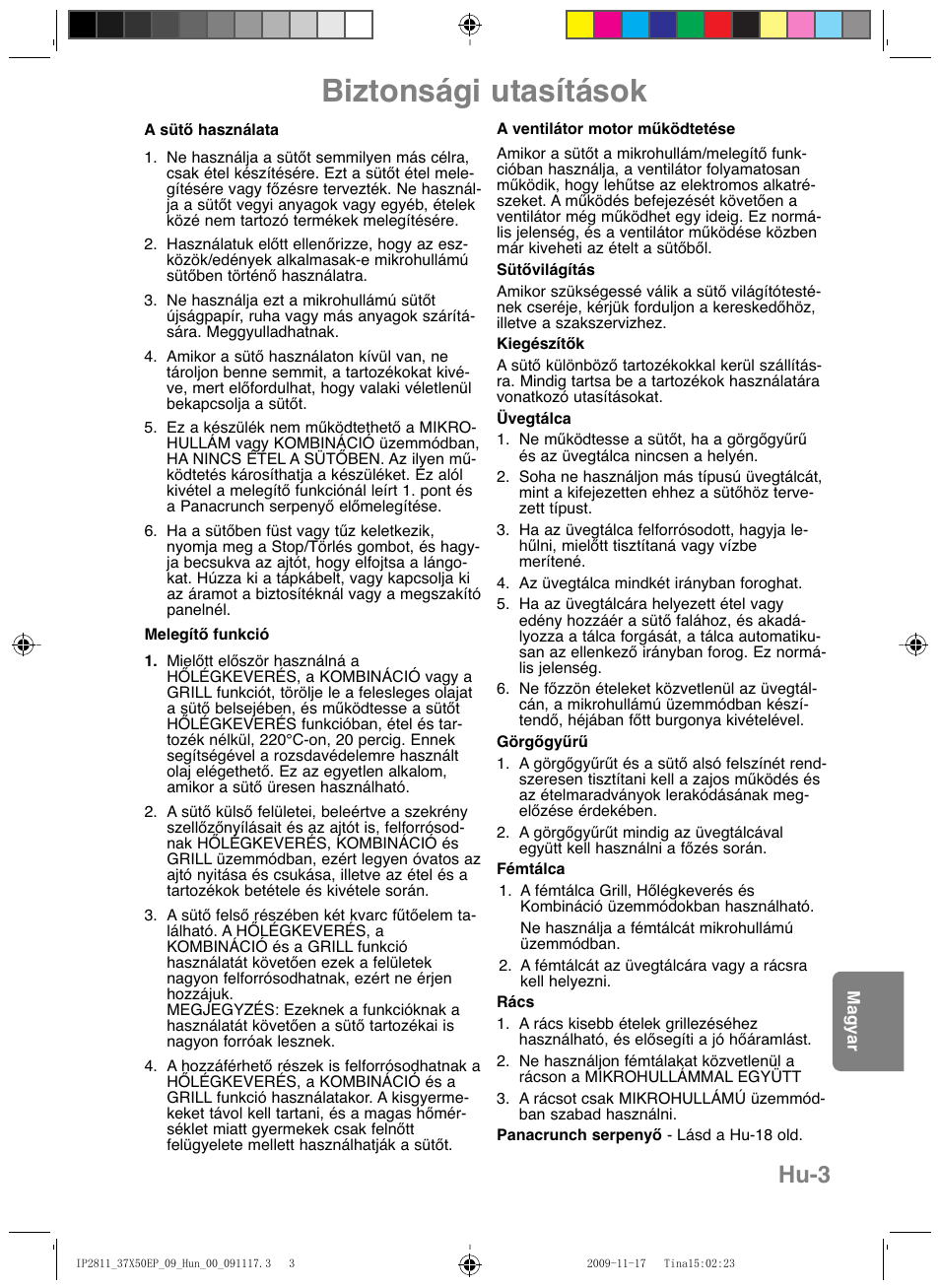 Biztonsági utasítások, Hu-3 | Panasonic NNCT579SEPG User Manual | Page 195 / 217