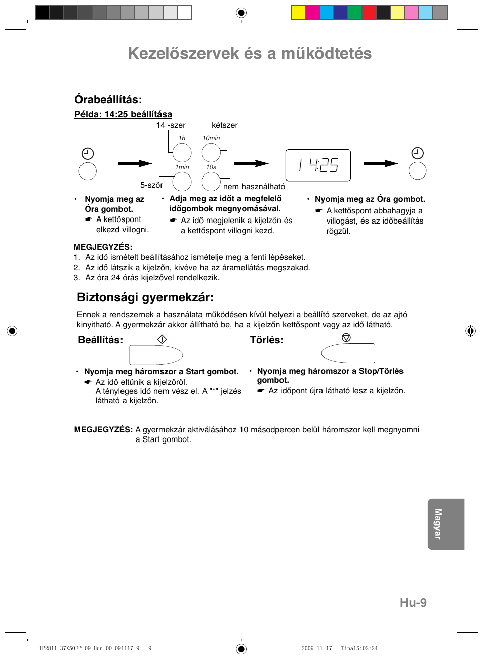 Kezelőszervek és a működtetés, Hu-9, Biztonsági gyermekzár | Órabeállítás | Panasonic NNCT579SEPG User Manual | Page 201 / 217