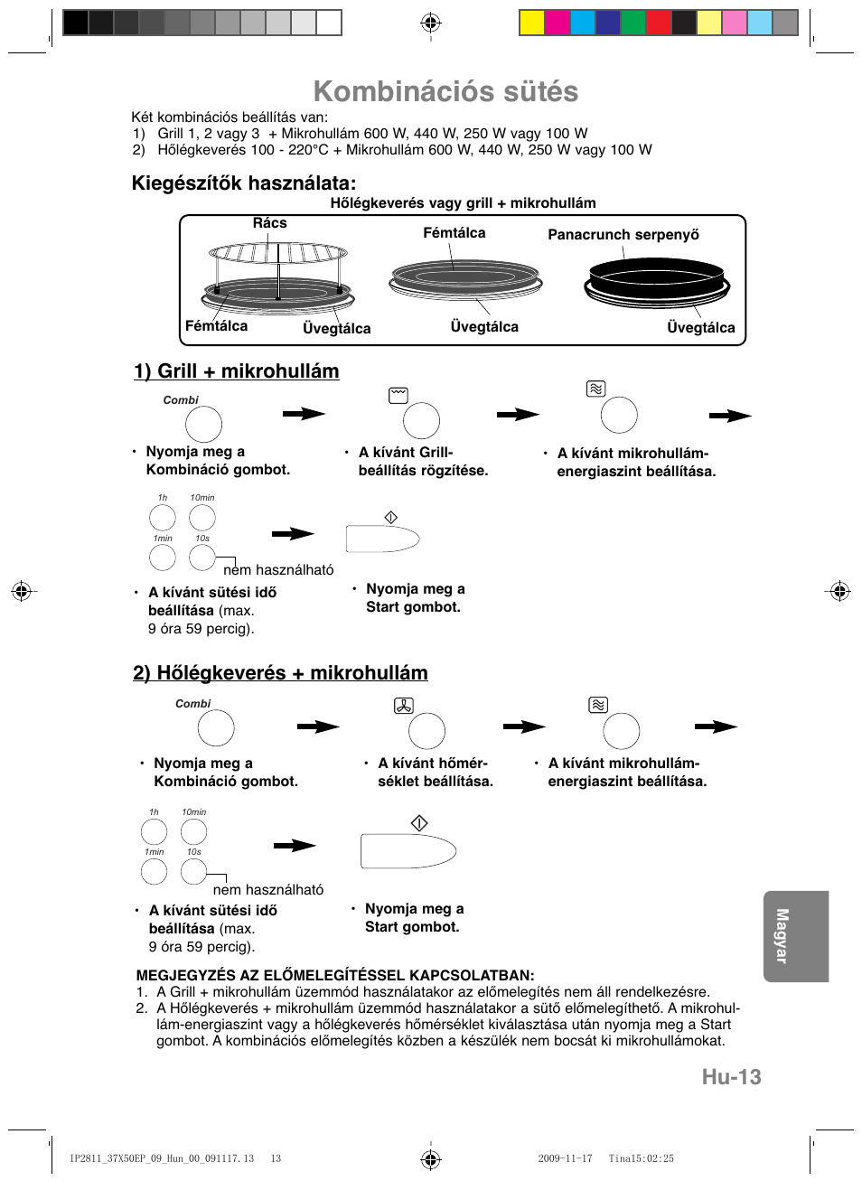 Kombinációs sütés, Hu-13, 1) grill + mikrohullám | 2) hőlégkeverés + mikrohullám, Kiegészítők használata | Panasonic NNCT579SEPG User Manual | Page 205 / 217